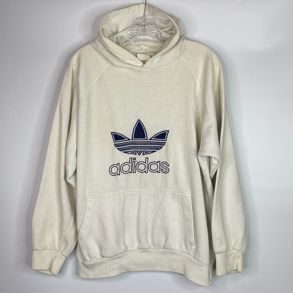 Vintage Adidas Off White Trefoil Hooded Sweatshirt Large Grunge